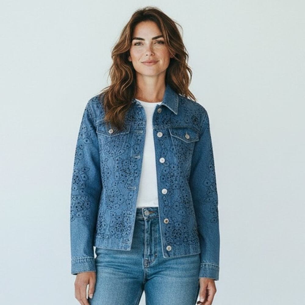 Vintage Non Branded Blue Denim Jean Button Jacket With Floral Beading Medium